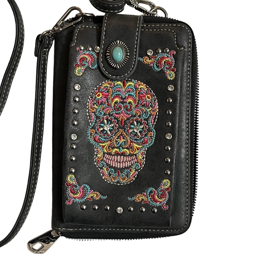 American bling Crossbody zip wallet charcoal multicolor sugar skull embroidery